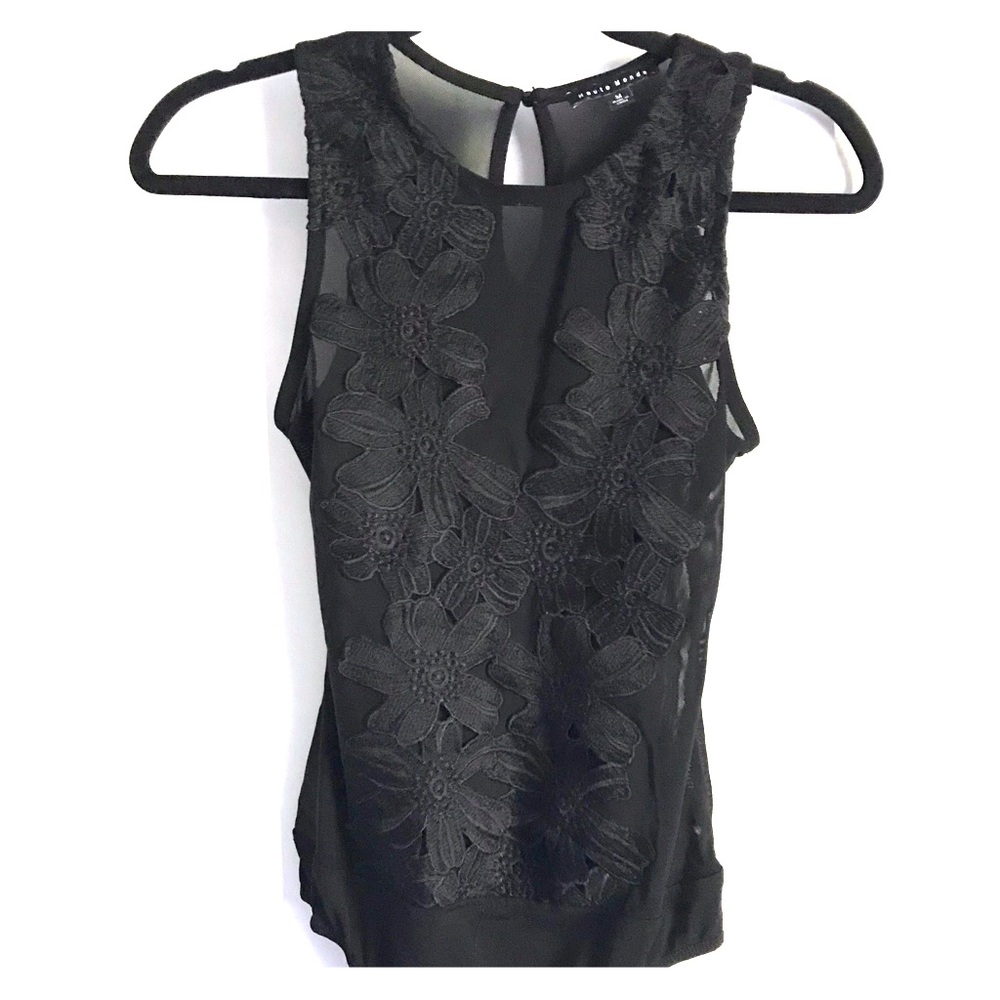 Black Body Suit with Floral Embroidery
